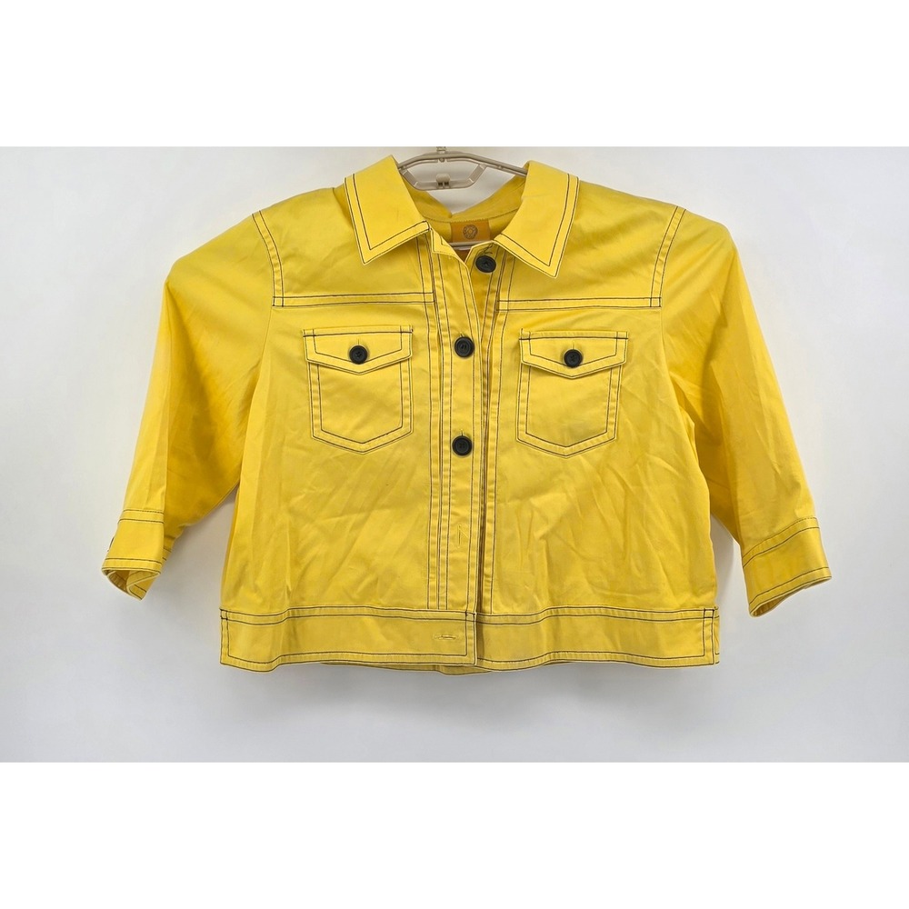 Ruby Rd Womens Yellow Contrast Stitch Cropped Jacket Size 16 Utility Retro Work